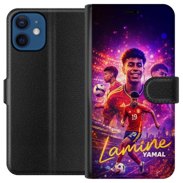 Kompatibelt Plånboksfodral till Apple iPhone 12 mini Lamine Yamal fotbollsposter i spansk landslagströja med fartfylld action, färgstark sportillustr