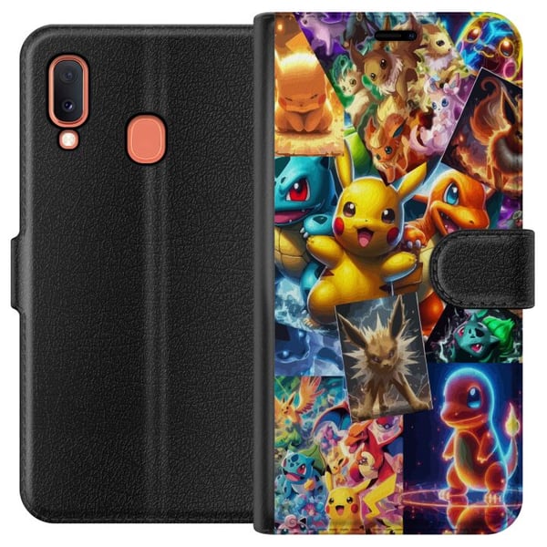 Kompatibelt Plånboksfodral till Samsung Galaxy A20e Pokémon illustration – Pikachu, Eevee och Charmander i färgstark design