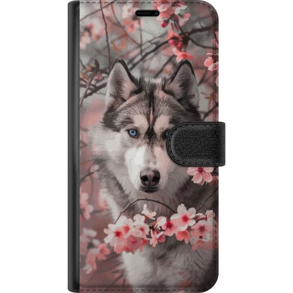Kompatibelt Plånboksfodral till Samsung Galaxy S9+ Husky med blå ögon bland rosa körsbärsblommor – vackert, naturinspirerat och detaljrikt motiv.