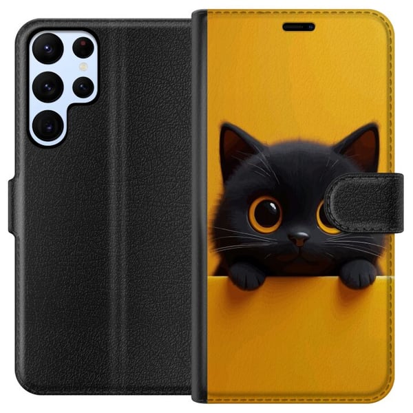 Kompatibelt Plånboksfodral till Samsung Galaxy S22 Ultra 5G Söt svart katt med stora ögon på gul bakgrund – minimalistisk djurillustration med varm f Kompatibelt Plånboksfodral till Samsung Galaxy S22 Ultra 5G Söt svart katt med stora ögon på gul bakgrund – minimalistisk djurillustration med varm f