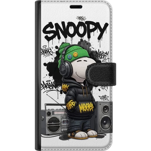 Kompatibel Tegnebogsetui til Samsung Galaxy S23 Snoopy i streetwear med høretelefoner og graffiti-stil står ved siden af en boombox og smiler stort,