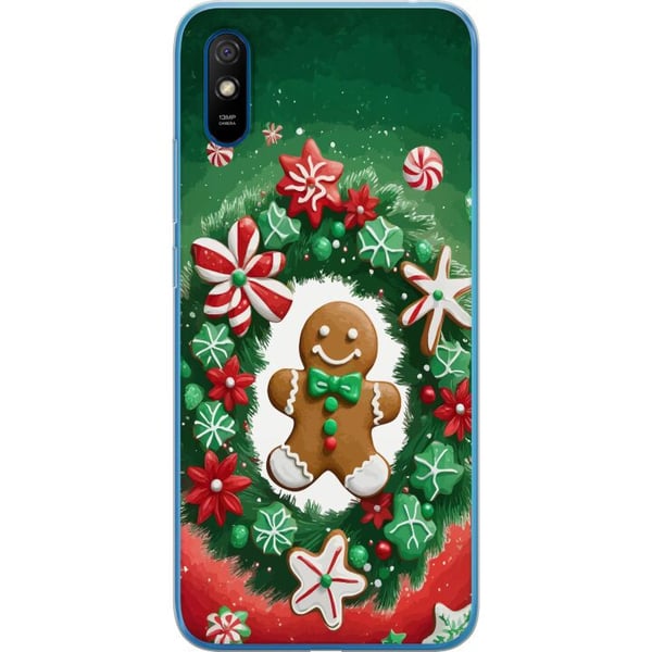 Kompatibelt Mobilskal till Xiaomi Redmi 9A Gingerbread Wreath julmotiv med krans pepparkaka och klassisk grönröd färgton