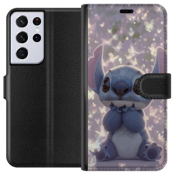 Kompatibelt Lommeboketui til Samsung Galaxy S21 Ultra 5G Stitch med sommerfugler søt Disney kawaii blå romvesen sommerfugler magisk pastell drømmende