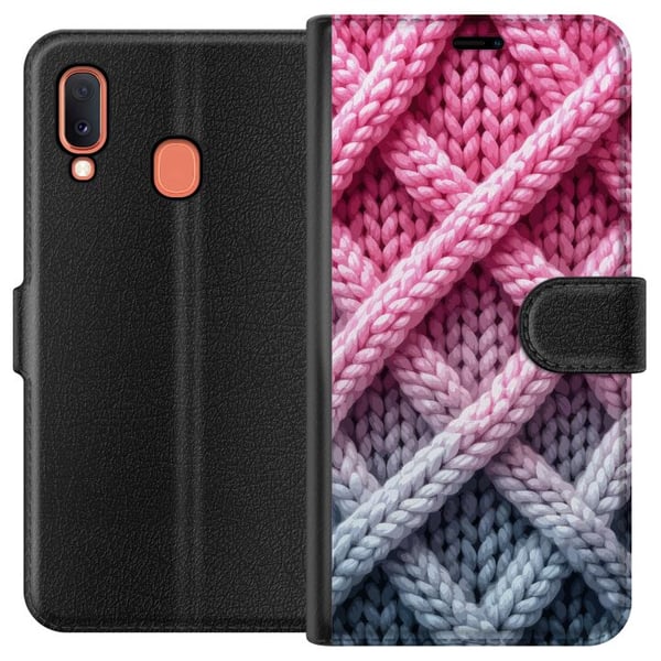 Kompatibelt Lommeboketui til Samsung Galaxy A20e Tett nærbilde av flettet tekstil i rosa, grått og hvitt med tydelig taktil struktur Kompatibelt Lommeboketui til Samsung Galaxy A20e Tett nærbilde av flettet tekstil i rosa, grått og hvitt med tydelig taktil struktur