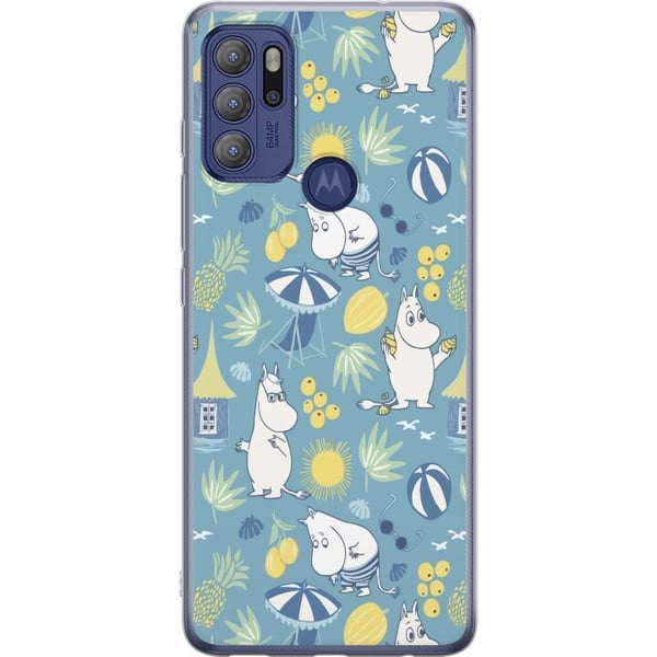 Kompatibel Mobilcover til Motorola Moto G60S Strandtema med frugter, parasoller, sommerhuse og glade figurer i et farverigt mønster fyldt med legende