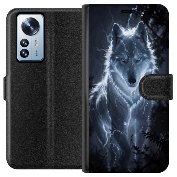 Kompatibel Tegnebogsetui til Xiaomi 12 Pro Hvid ulv omgivet af lyn i mørk skov med dramatisk nattestemning