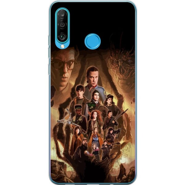 Kompatibelt Mobilskal till Huawei P30 lite Stranger Things-gruppbild med hjältarna i mörk fantasymiljö och hotfull varelse
