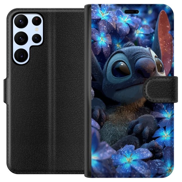 Yhteensopiva Lompakkokotelo Samsung Galaxy S22 Ultra 5G Stitch sinisten kukkien keskellä Unenomainen sininen design, jossa Stitch on kukkien keskellä