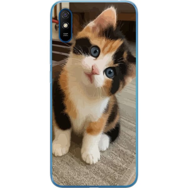 Kompatibel Mobilcover til Xiaomi Redmi 9A Trefarvet killing med blå øjne, sødt indendørsmiljø og charmerende udtryk, perfekt til alle, der kan lide s