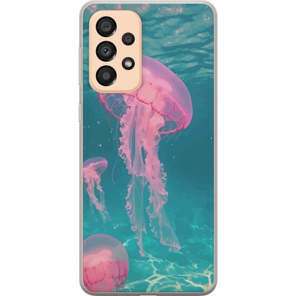Yhteensopiva Puhelinkuori Samsung Galaxy A33 5G Vaaleanpunaiset meduusat kirkkaansinisessä meressä, maaginen vedenalainen design, jossa on rauhalline