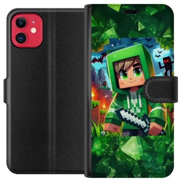 Kompatibelt Plånboksfodral till Apple iPhone 11 Minecraft gamer boy green hoodie – tecknad Minecraft pojke med svärd, pixlar och äventyrstema