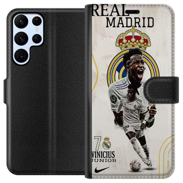 Yhteensopiva Lompakkokotelo Samsung Galaxy S22 Ultra 5G Real Madrid Vinícius Júnior hyökkääjä numeron 7 paidassa seuran logo valkoinen peliasu energi