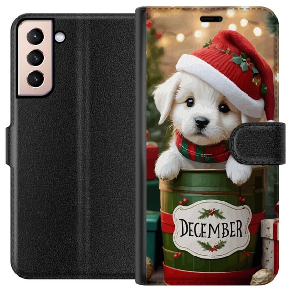 Kompatibelt Lommeboketui til Samsung Galaxy S21 Desember valp jul søt hund nisselue koselig jul valp festlig snø lys bedårende høytid plakat Kompatibelt Lommeboketui til Samsung Galaxy S21 Desember valp jul søt hund nisselue koselig jul valp festlig snø lys bedårende høytid plakat