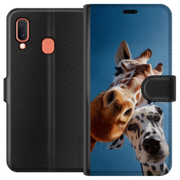 Kompatibelt Plånboksfodral till Samsung Galaxy A20e Giraffe Dalmatian Duo motiv med rolig närbild på giraff och dalmatiner i soligt perspektiv Kompatibelt Plånboksfodral till Samsung Galaxy A20e Giraffe Dalmatian Duo motiv med rolig närbild på giraff och dalmatiner i soligt perspektiv