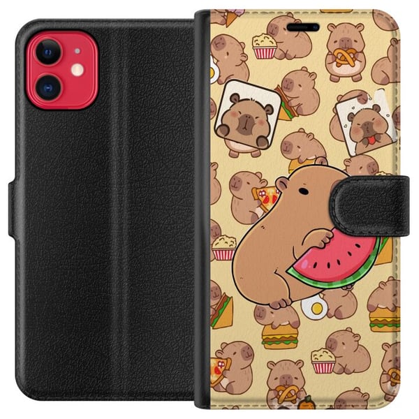 Kompatibelt Plånboksfodral till Apple iPhone 11 Capybara Snack Tid Söta capybaror njuter av vattenmelon pizza och popcorn i en varm och lekfull desig