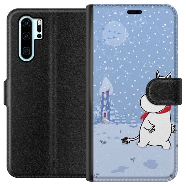 Yhteensopiva Lompakkokotelo Huawei P30 Pro Hahmo seisoo rauhallisessa talvimaisemassa, jossa sataa lunta. Siniset sävyt ja kuu luovat rauhaa, harmoni