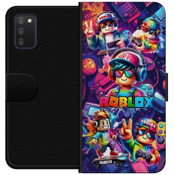 Kompatibelt Lommeboketui til Samsung Galaxy A03s Fargerik Roblox-spillgruppe med hodetelefoner og neonfarger for barn og spillinteresserte