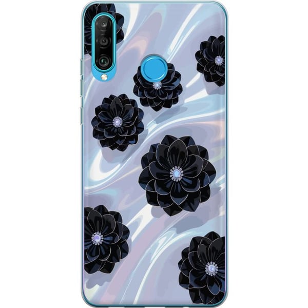 Kompatibelt Mobilskal till Huawei P30 lite Midnight Bloom svarta blommor på skimrande bakgrund elegant lyxig floral design i mörka toner