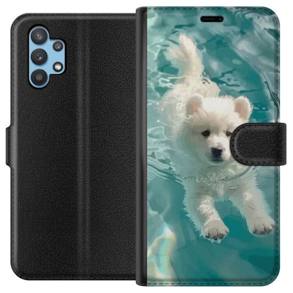 Kompatibelt Plånboksfodral till Samsung Galaxy A32 5G Hundvalp i vatten vit puppy dog swimming pool blå turkos sommarmotiv cute pet illustration desi