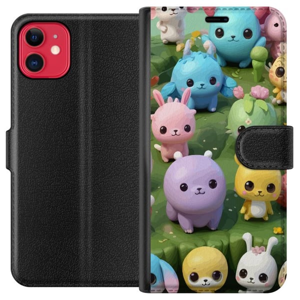 Kompatibel Tegnebogsetui til Apple iPhone 11 Kawaii-dyr i pastelfarver, farverige figurer på grøn baggrund, legende motiv til børn og unge voksne Kompatibel Tegnebogsetui til Apple iPhone 11 Kawaii-dyr i pastelfarver, farverige figurer på grøn baggrund, legende motiv til børn og unge voksne