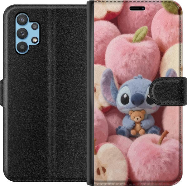 Yhteensopiva Lompakkokotelo Samsung Galaxy A32 5G Stitch pörröisissä vaaleanpunaisissa omenoissa pienen nallekarhun kanssa hurmaavassa kawaii-estetii