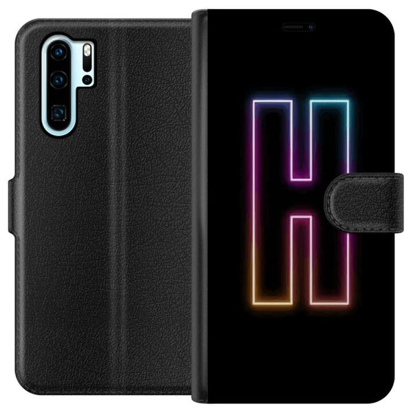 Yhteensopiva Lompakkokotelo Huawei P30 Pro Minimalistinen neonkirjain H värinvaihtavassa valossa mustaa taustaa vasten
