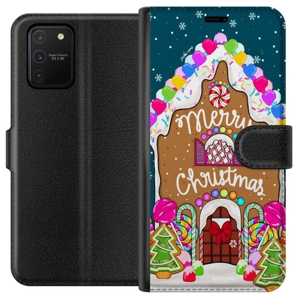 Kompatibelt Lommeboketui til Samsung Galaxy S10 Lite Sjarmerende pepperkakehus med fargerike godterier, snødetaljer og teksten Merry Christmas – et k Kompatibelt Lommeboketui til Samsung Galaxy S10 Lite Sjarmerende pepperkakehus med fargerike godterier, snødetaljer og teksten Merry Christmas – et k