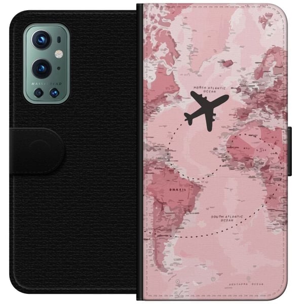 Kompatibelt Plånboksfodral till OnePlus 9 Pro Travel airplane pink world map – resa och äventyr design med flygplan över rosa världskarta