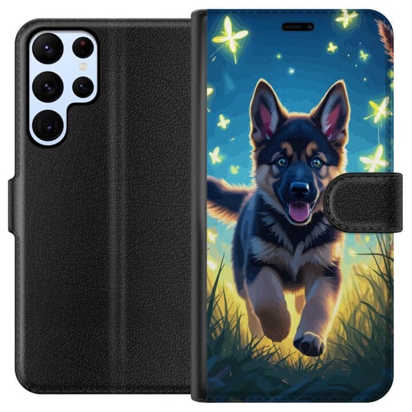 Yhteensopiva Lompakkokotelo Samsung Galaxy S22 Ultra 5G Pentu saksanpaimenkoira koira juliste koira pentu juoksee niitty perhoset suloinen eläinkuvit