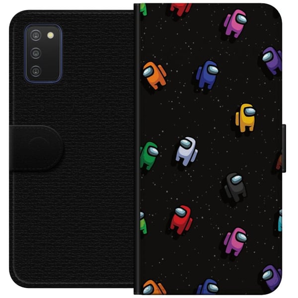 Kompatibelt Lommeboketui til Samsung Galaxy A03s Among Us-mønster med fargerike karakterer i verdensrommet, lekent gamingmotiv for Among Us-fans