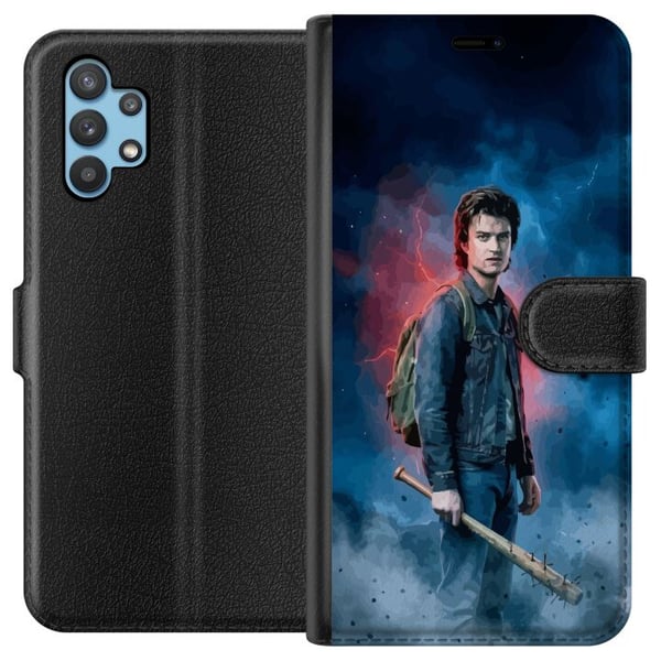 Kompatibelt Plånboksfodral till Samsung Galaxy A32 5G Stranger Things porträtt med basebollträ blixtar och dramatisk bakgrund Kompatibelt Plånboksfodral till Samsung Galaxy A32 5G Stranger Things porträtt med basebollträ blixtar och dramatisk bakgrund