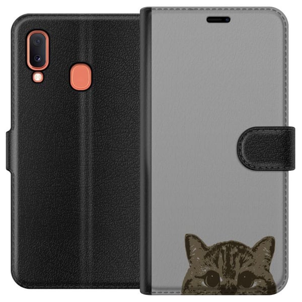 Kompatibelt Lommeboketui til Samsung Galaxy A20e Grå Kattblikk - stilren katte design med grå bakgrunn Kompatibelt Lommeboketui til Samsung Galaxy A20e Grå Kattblikk - stilren katte design med grå bakgrunn