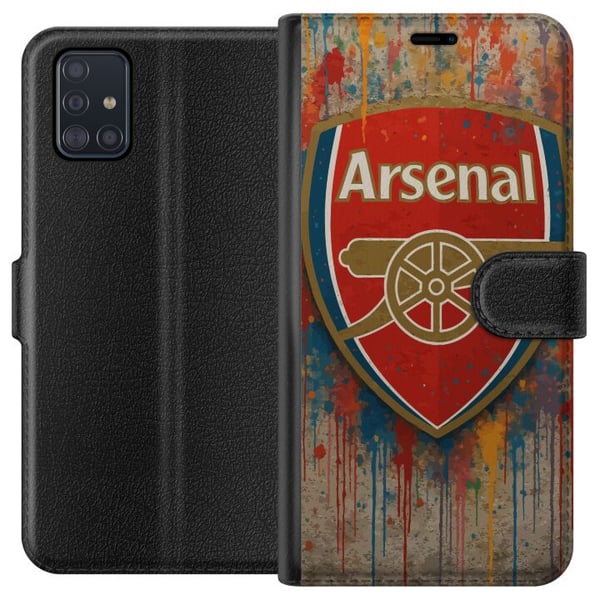 Kompatibel Tegnebogsetui til Samsung Galaxy A51 Arsenal-kunstmotiv i rødt og hvidt med farvestænk, perfekt til fodboldfans, der elsker kunst og sport