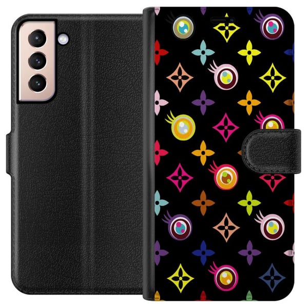 Kompatibelt Lommeboketui til Samsung Galaxy S21 Fargerikt mønster med geometriske symboler og øyne på svart bakgrunn pop art-design