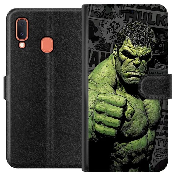 Kompatibelt Plånboksfodral till Samsung Galaxy A20e Hulk motiv i serietidningsstil kraftfull design med gröna nyanser för Marvel och superhjältefans
