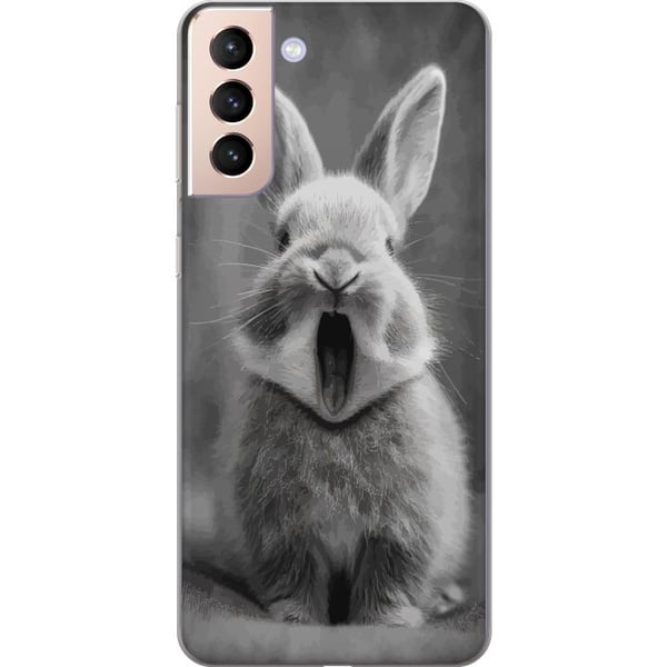 Kompatibelt Mobildeksel til Samsung Galaxy S21 Bedårende kanin i svart-hvitt sitter forfra med munnen åpen som i et gjesp, noe som skaper et sjarmere Kompatibelt Mobildeksel til Samsung Galaxy S21 Bedårende kanin i svart-hvitt sitter forfra med munnen åpen som i et gjesp, noe som skaper et sjarmere