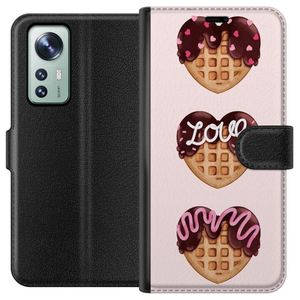 Yhteensopiva Lompakkokotelo Xiaomi 12 Sydämenmuotoiset vohvelit suklaalla, vaaleanpunaiset koristeet ja rakkausteema, suloinen jälkiruoan inspiroima