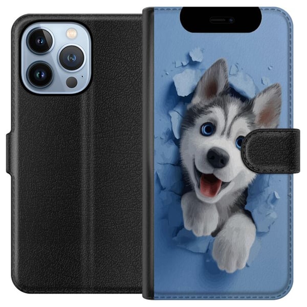 Yhteensopiva Lompakkokotelo Apple iPhone 13 Pro Suloinen huskynpentu kurkistaa rikkinäisen seinän läpi suuret siniset silmät loistaen pehmeässä 3D-ty