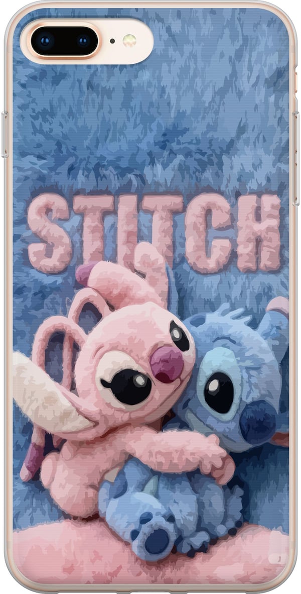 Kompatibelt Mobilskal till Apple iPhone 8 Plus Fluffiga Stitch och Angel kramas på mjukt pälsigt underlag med pastellfärger som skapar varm gosig kän