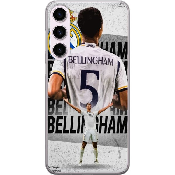 Kompatibel Mobilcover til Samsung Galaxy S23+ Real Madrid Jude Bellingham med forsvarer i trøje nummer 5 stort klubemblem sort-hvid kontrast atletisk