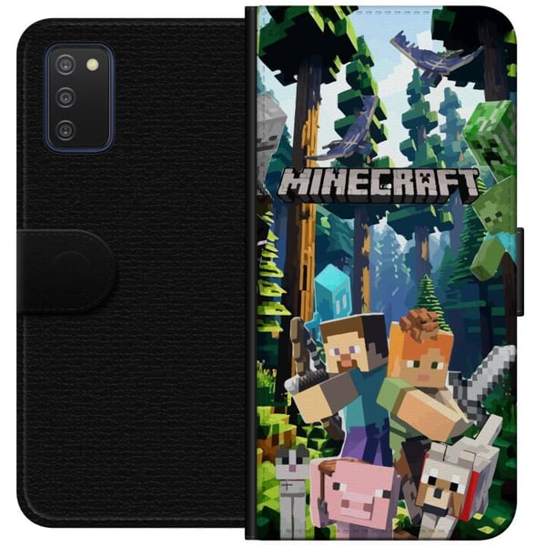 Kompatibelt Lommeboketui til Samsung Galaxy A03s Minecraft mobildeksel med skog og figurer i pikselstil