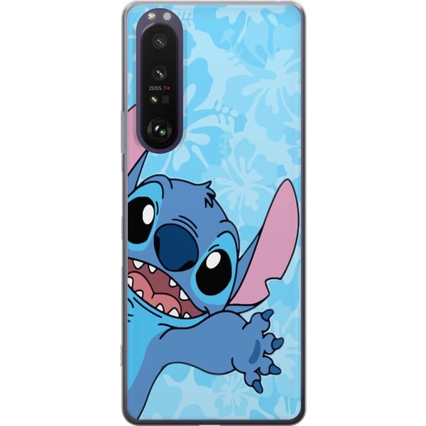 Kompatibel Mobilcover til Sony Xperia 1 III Stitch, der rækker frem i en farverig illustration med blomstret baggrund