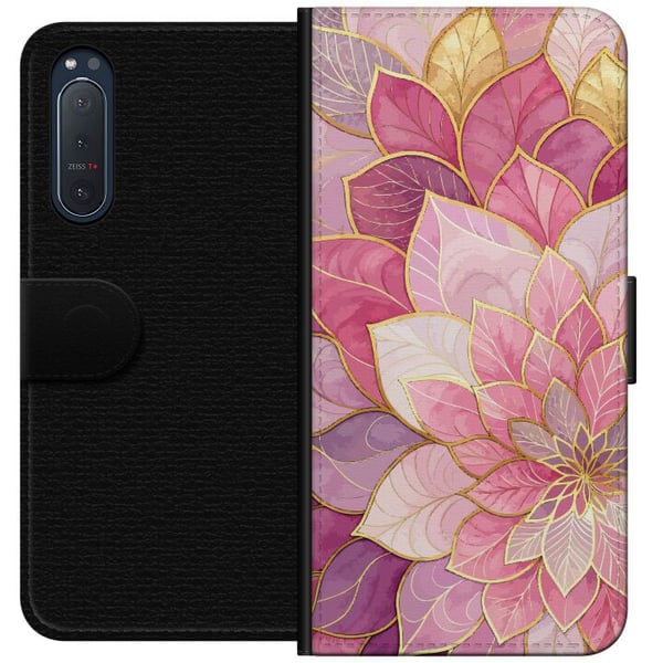 Kompatibelt Plånboksfodral till Sony Xperia 5 II Blommig mandala – Rosa och lila mönster med gyllene detaljer illustration