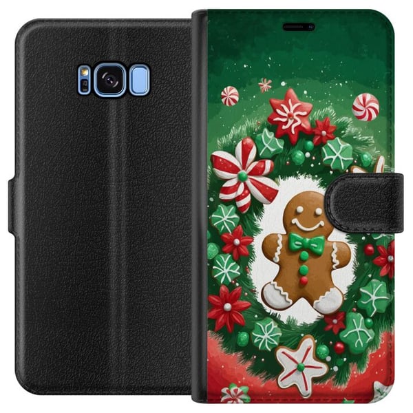 Kompatibelt Plånboksfodral till Samsung Galaxy S8 Gingerbread Wreath julmotiv med krans pepparkaka och klassisk grönröd färgton
