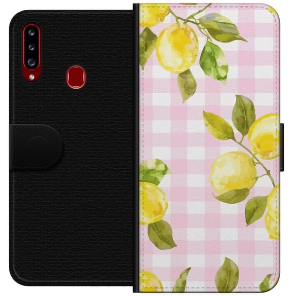 Kompatibelt Plånboksfodral till Samsung Galaxy A20s Lemon pink gingham pattern – citronmönster med rosa rutigt motiv i pastell och somrig estetisk st