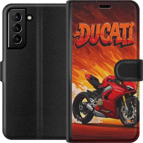 Kompatibelt Plånboksfodral till Samsung Galaxy S21+ 5G Ducati röd sportmotorcykel mot eld bakgrund fartfyllt motiv för motorälskare