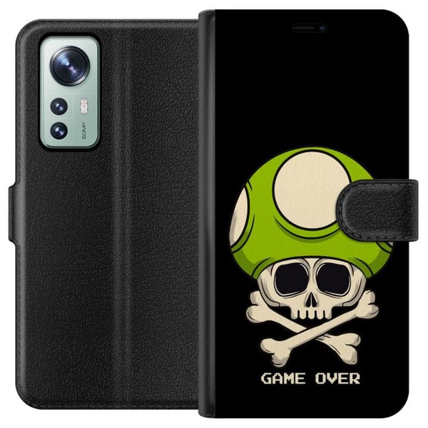 Kompatibel Tegnebogsetui til Xiaomi 12 Spilinspireret motiv med dødningehoved og grøn svamp i retrostil med teksten game over