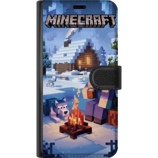 Kompatibelt Plånboksfodral till Samsung Galaxy S8 Minecraft vintermotiv med Steve varg lägereld och snöig stuga spelillustration för Minecraft fans