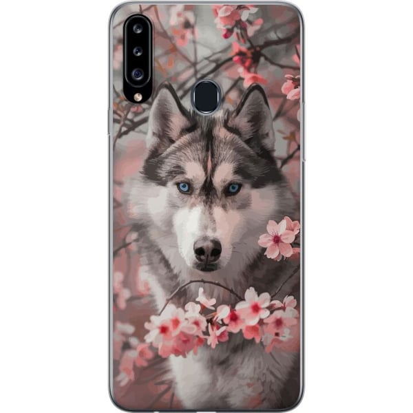 Kompatibelt Mobildeksel til Samsung Galaxy A20s Husky med blå øyne blant rosa kirsebærblomster – vakkert, naturinspirert og detaljrikt motiv.