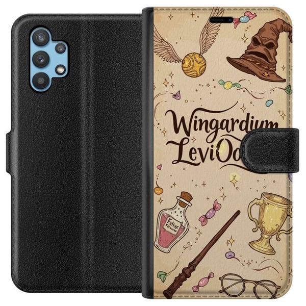 Kompatibelt Plånboksfodral till Samsung Galaxy A32 5G Harry Potter Wingardium Leviosa illustration – magiskt Harry Potter tema med trollstav, Snitch
